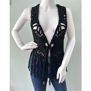 Black Macrame Crochet Fringe Vest Boho Festival Top S/M
